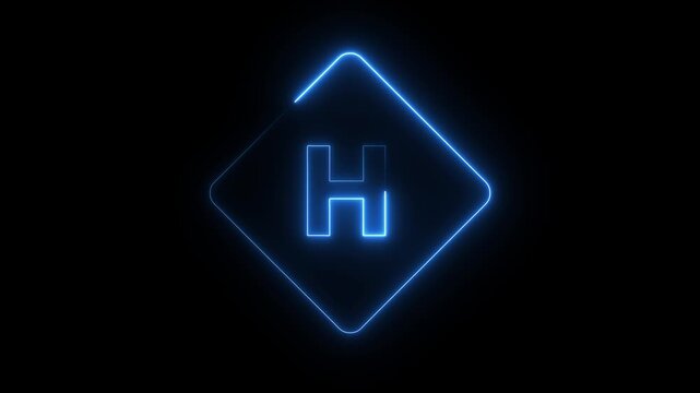 Hospital sign neon light animation displaying blue glowing letter h within diamond frame.