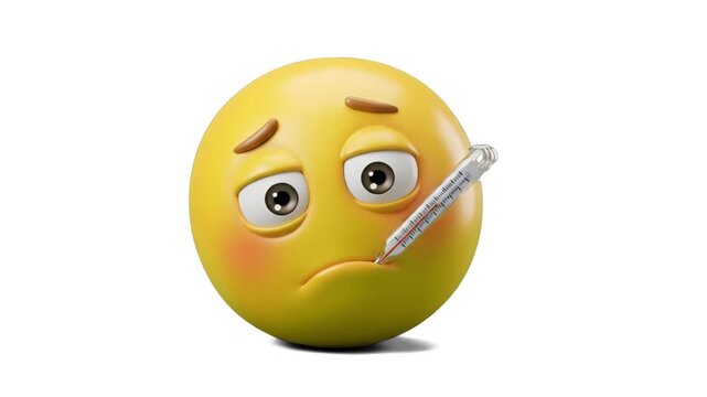 A expressive 3D emoji render showing a sad yellow face with a thermometer in its mouth and flushed red cheeks, isolated against a white backdrop. Perfect for healthcare app icons, medical clinic marke