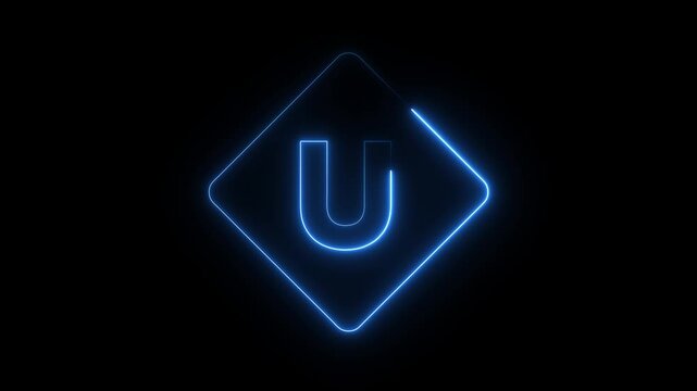 Neon blue letter u inside diamond shape glowing in dark background cinematic video clip.