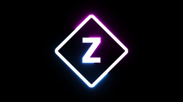 Neon glowing Z letter logo inside rhombus frame pulsing with purple and blue light effect.