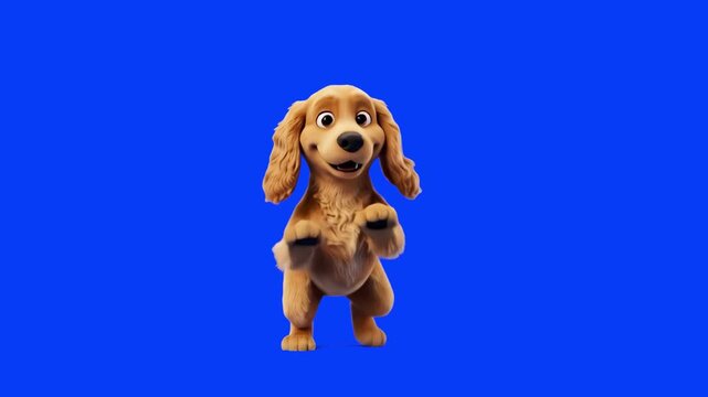 A charming 3D animated cocker spaniel puppy standing on its hind legs against a bright blue background. Ideal for pet care promotions, children's content, and commercial video overlays.