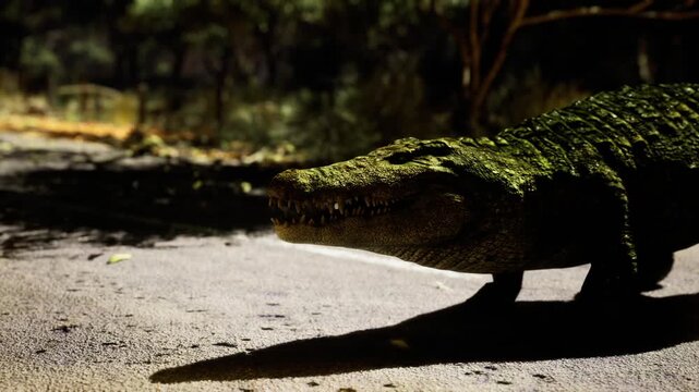 Crocodile basking near roadside verge, slow deliberate step over painted line, scattered leaves, distant trees, midday stillness, natural resilience in human