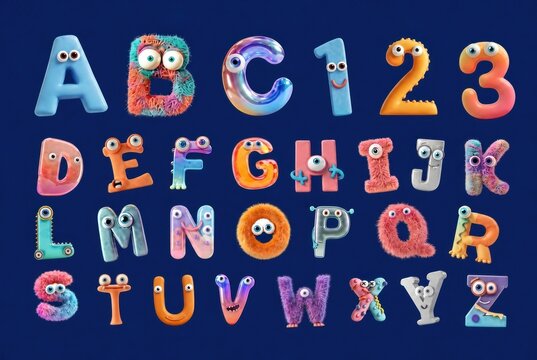 Playful 3D fuzzy monster style alphabet and numbers font sheet