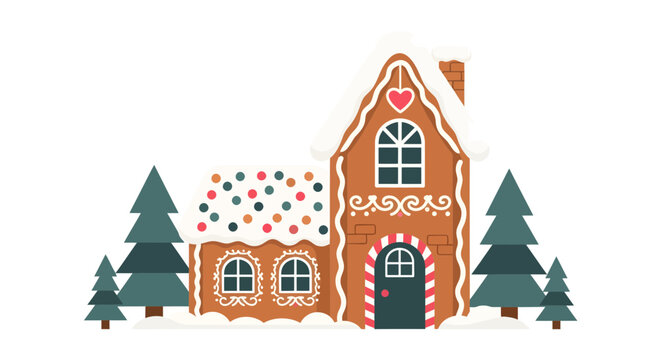 Illustration of a festive gingerbread house with trees in a winter setting.
