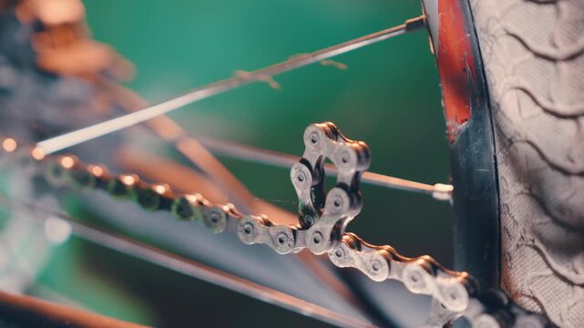 Close-Up Rotating Shot: Bicycle Chain Link Detail in Slow Motion | Bike Maintenance and Repair Macro | Metal Mechanism with Warm Bokeh Background