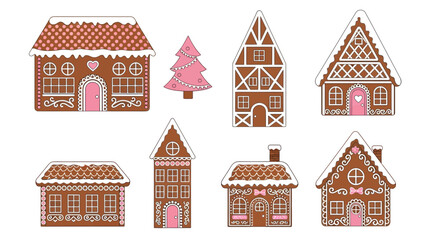 Fototapeta premium Collection of colorful gingerbread houses and candy trees for festive holiday baking display.