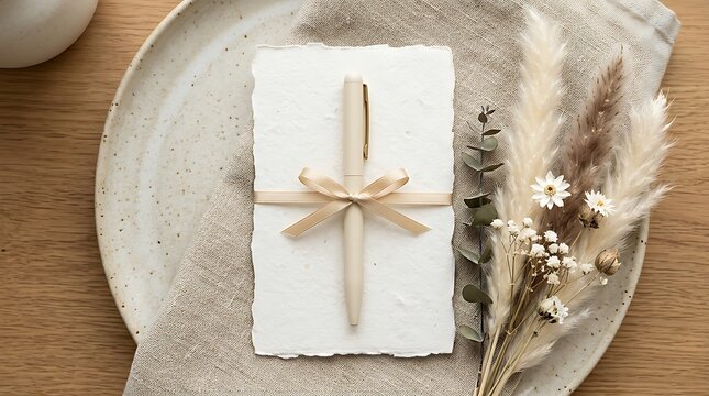 Elegant Wedding Invitation Mockup with Dried Flowers on a Rustic Plate.