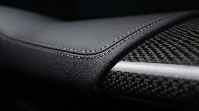 Close-up of premium black leather car dashboard with precise decorative stitching and perforated texture detail