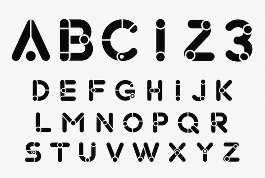 Bold geometric modular black alphabet and numbers font sheet