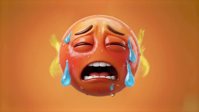 A vivid 3D illustration of a red, heavily sweating emoji face with steam coming out of its ears and water drops running down, depicting extreme heat, stress, or exhaustion on an orange background. Ide