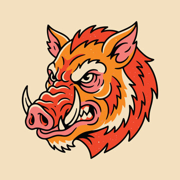 Angry wild boar head illustration with tusks in vintage tattoo style