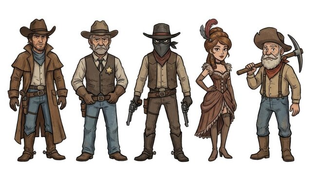 Set of Wild West cowboy and frontier character illustrations.