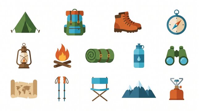 Collection of flat vector camping icons featuring outdoor adventure gear equipment and essential travel accessories for wilderness expeditions