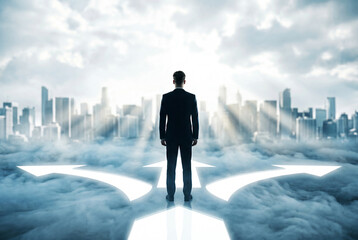 Fototapeta premium Businessman Facing Multiple Choices Standing on Clouds