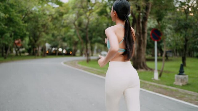 Close-up of an Asian woman jogging outdoors with a confident and focused expression, enjoying her morning run in the park