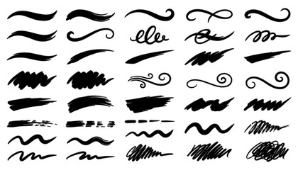 Obraz premium Set of handdrawn brush strokes, decorative swirls, and scribble textures for design elements