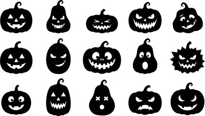 Halloween pumpkin silhouette collection, 15 spooky jack-o-lantern icons set, black carved pumpkin faces on white background, scary holiday graphics © Masum Mia