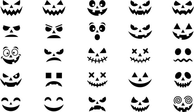 Halloween pumpkin faces set, 25 spooky jack-o-lantern expressions, black silhouette monster icons, scary ghost face clip art for party decor