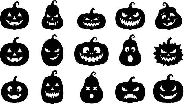 Halloween pumpkin silhouette set, 15 spooky jack-o-lantern icons, black carved pumpkin faces, scary holiday graphic elements