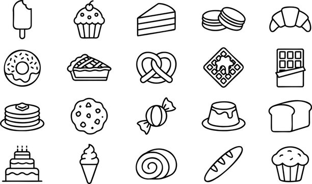 Bakery and dessert line icons set, 20 sweet food outline symbols, minimalist pastry and confectionery vector illustrations for cafe menus