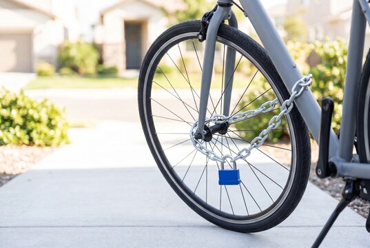 Secure Bicycle Wheel Locked with Silver Chain and Blue Padlock Mechanism
