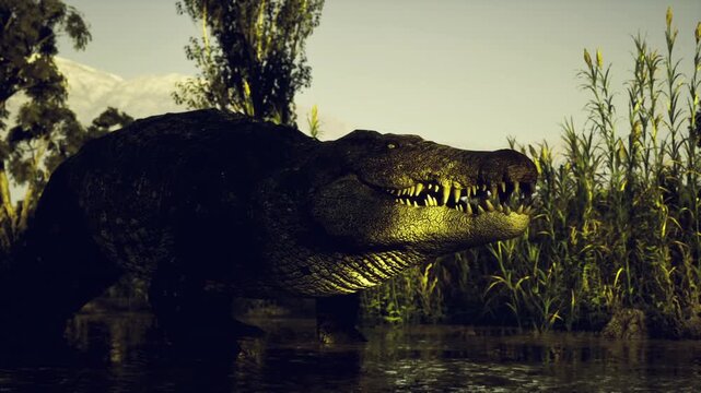 Glaring crocodile snout slicing through reed shadows, golden highlights on textured scales, low sunlight catching wet skin, atmospheric tension.