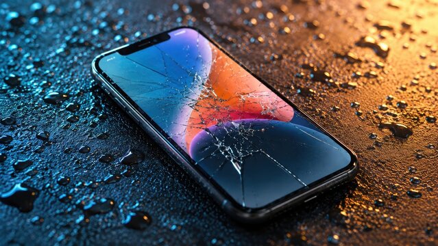 Close up of a smartphone with a severely cracked screen lying on a wet, dark surface with colorful blue and orange light reflections and droplets