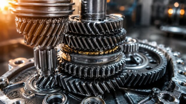 Close up view of complex metal gear system inside a vehicle transmission with shiny steel cogs and mechanical components in a workshop setting