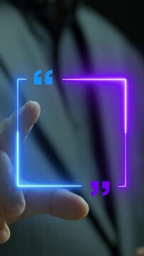 Businessman finger vertical shot pointing at glowing rectangular quote textbox frame mockup banner display. Business leadership testimonial statement, dialogue space, and quote template concept.