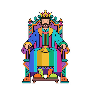 Colorful king sitting on ornate throne with crown and royal robe vector illustration