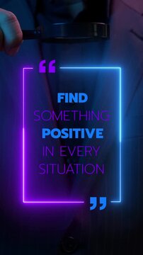 Businessman vertical shot presenting glowing rectangular frame containing positive mindset quote text sign mockup. Inspirational quote banner, positive thinking drive, and motivation concept.