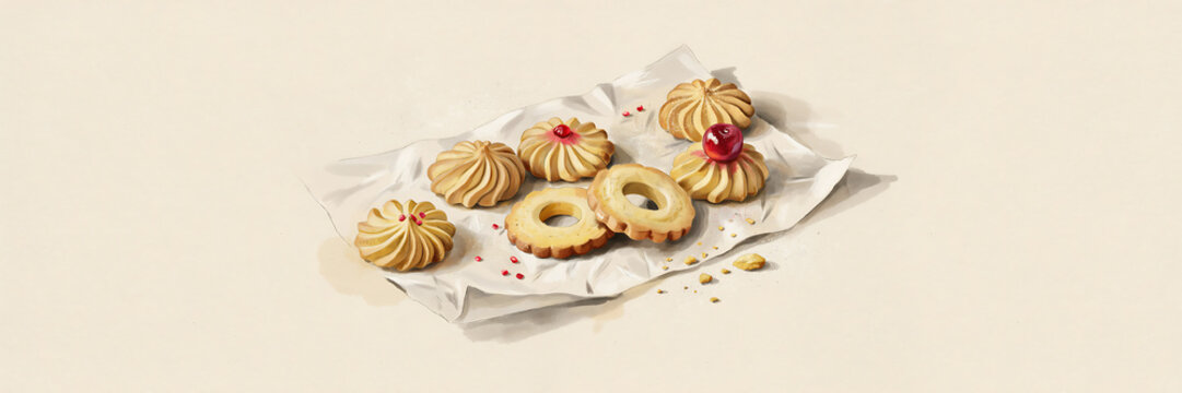 Watercolor Background Delicious pastries with cherry toppings on crumpled parchment paper