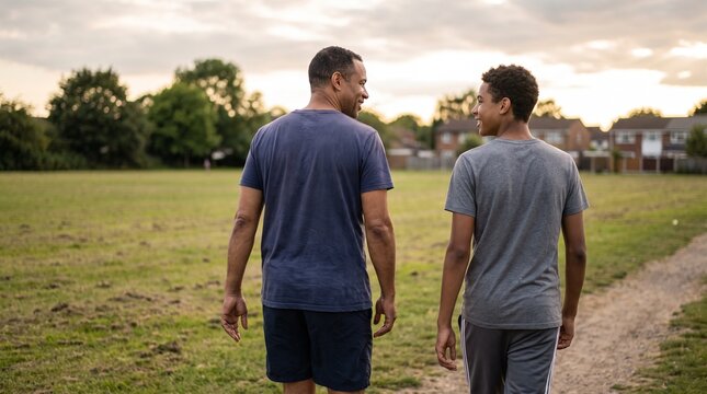 Mixed-race father and teenage son walking home together across a grass field after sports
