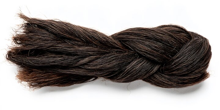 Dark brown hair woven into a thick plait lying against plain white surface
