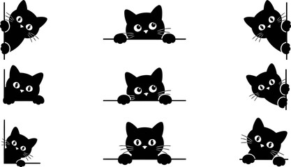 Black cat silhouette collection, set of 9 peeking kitten icons, cute feline characters hiding behind edges, minimalist animal vector graphics for web design © Masum Mia