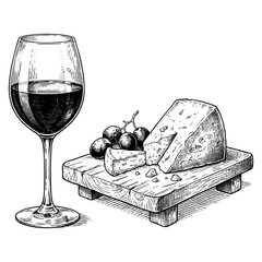 Obraz premium Glass of red wine with cheese and grapes on a wooden board in vintage style