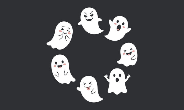 Cute ghost emoji collection, set of 7 cartoon ghosts with different expressions, white spooky spirits on dark background