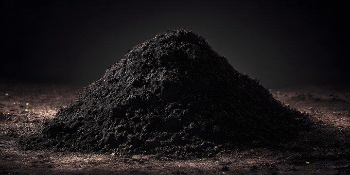 A conical mound of dark granular earth rests on textured ground within a dimly lit environment.