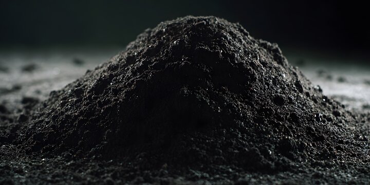 A dark mound of fine particles sits in stark relief against a shadowy background.