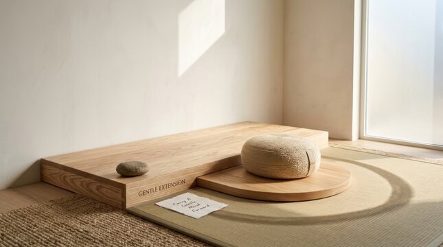 Minimalist meditation room features a wooden platform and soft zafu cushion under warm natural sunlight, creating a peaceful atmosphere for yoga practice, representing wellness and mindfulness