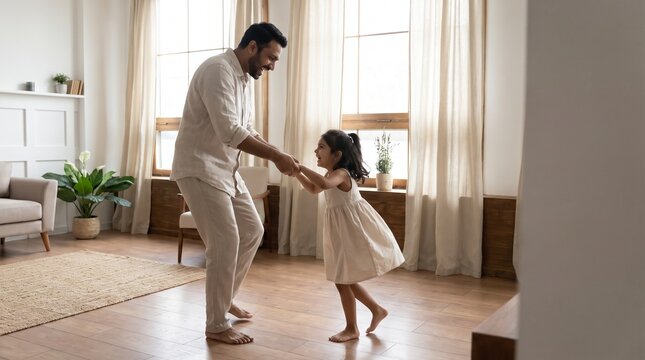 South Asian father holding hands and dancing with his little daughter in a bright living room