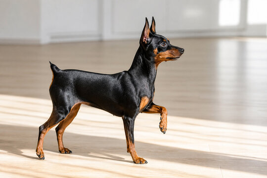 Dog, standing, posing, domestic, animal, pet, mammal, miniature, pinscher, breed, beautiful, brown, black, purebred, pedigreed, canine, looking, away, indoors, domestic animal, furry