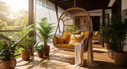 Fototapeta premium Comfortable Outdoor Hanging Chair Oasis With Lush Green Plants And Sunny Deck