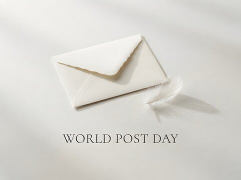 White envelope with a soft feather for world post day celebration and mail correspondence