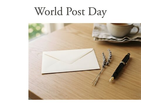 World post day concept with a white envelope and black pen on a wooden desk surface