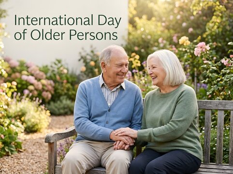 Happy elderly couple holding hands while sitting on a garden bench in a sunny park
