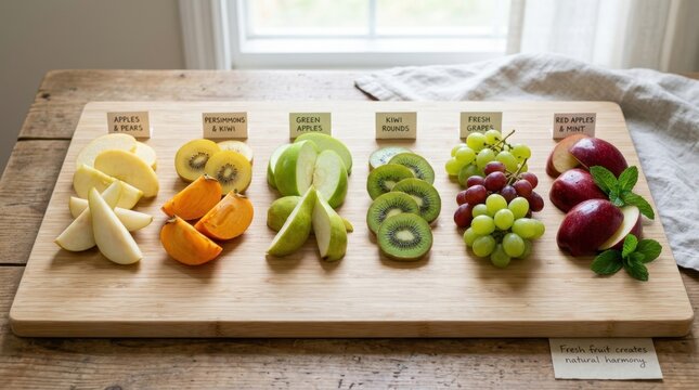 Assorted fresh sliced fruits like apples pears persimmons kiwi and grapes are neatly arranged on a wooden board with handwritten labels for a healthy lifestyle concept in a bright sunny kitchen setup.