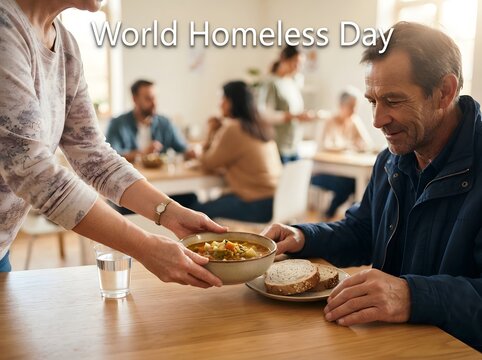 Volunteer serving a warm meal to a homeless man at a community soup kitchen food bank