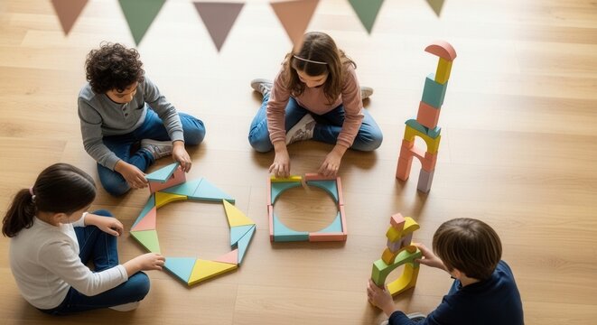 Children Engaging In Creative Building With Colorful Wooden Blocks