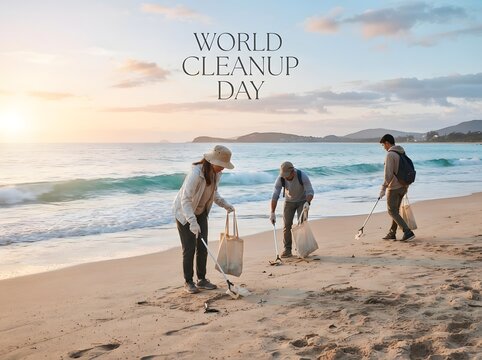 People cleaning up trash on the beach for world cleanup day event